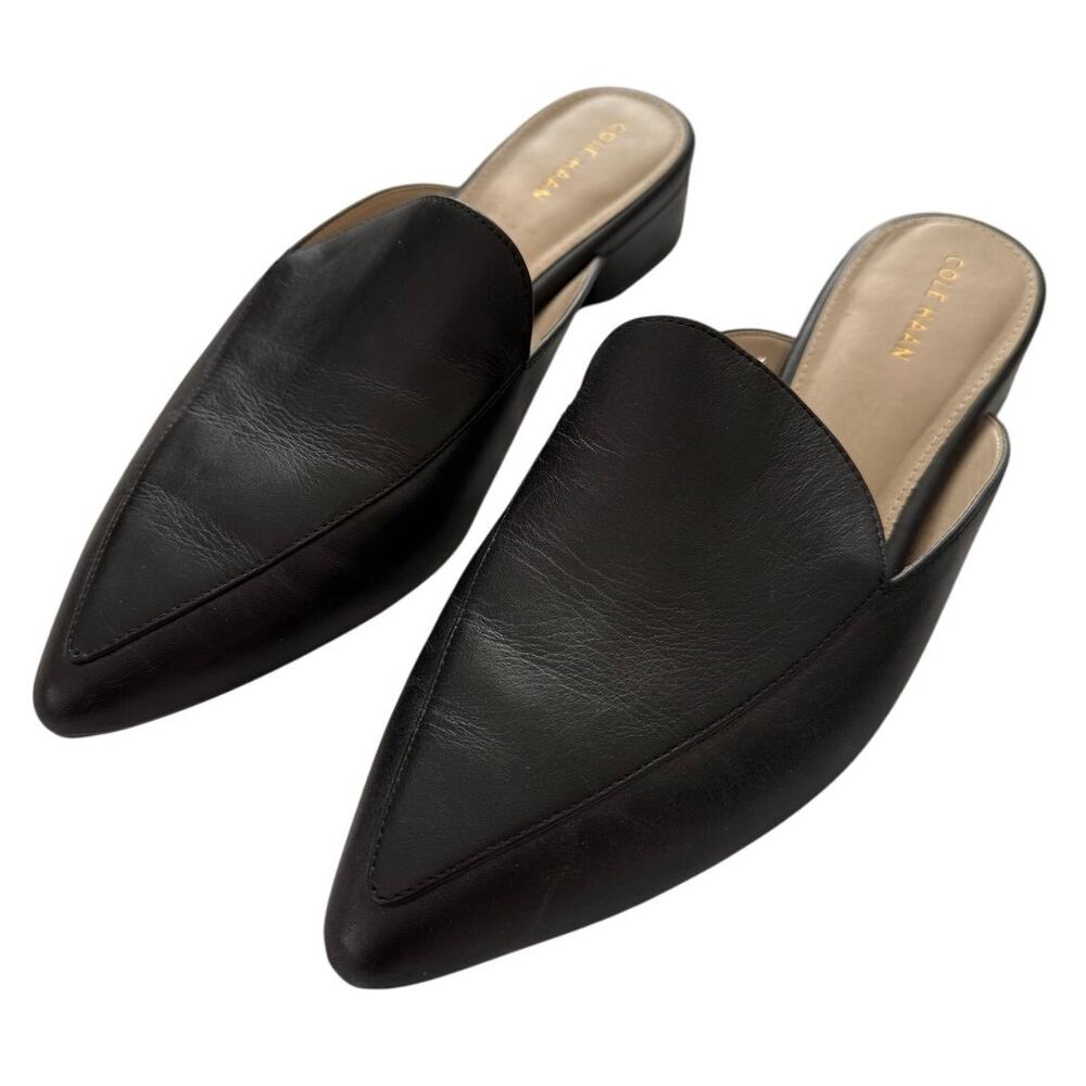 Cole Haan 1.5" Heel Pointed Leather Backless Slip-On Mule Loafer Shoes Black-7.5